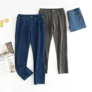 กางเกงยีนส์ทรงตรงเอวสูงสำหรับผู้หญิง กางเกงขายาวทรงสลิมฟิตผ้ากำมะหยี่เนื้อนุ่ม สวมใส่สบาย กางเกงยีนส์ทรงตรงสำหรับผู้หญิง