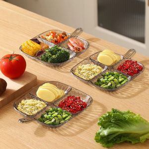 จานเตรียมอาหารสี่ช่องสำหรับครัว จานเก็บกระเทียม หัวหอม ขิง จานแบ่งสำหรับอาหารประกอบในหม้อไฟ จานเล็กสำหรับทำอาหาร อุปกรณ์ใช้ในบ้าน