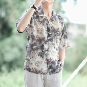 Loose Fit Mens Shirt Chinese National Trend Print Five Sleeve Cuban Collar Linen Summer Casual Button up Top Breathable Moisture Wicking