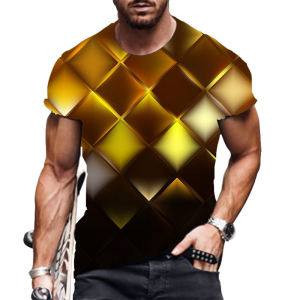 Loose Short Sleeve Round Neck Mens T-shirt: Geometric Digital Printing & Trendy Summer Overhead Top