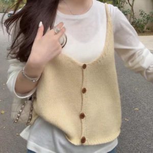 Shalldoer | Spring Solid Color V-Neck Single Button Knit Vest Short Innerwear