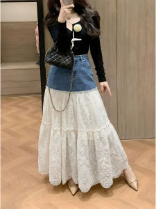 PAIBOLI | Plus Size Lace Patchwork Denim High Waist Slimming A-line Skirt