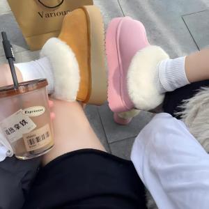 Giày Bốt Đi Tuyết Nữ Mùa Đông Dày Dặn Lót Lông Cừu Đế Dày Thời Trang Màu Hồng Ngắn Đế Cao Su Chống Thấm Nước