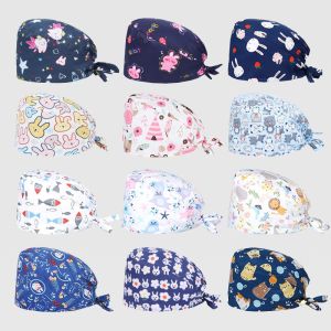 Cartoon Print Scrub Cap Nursing Hat Long Hair Gynecology Ponytail Bun for Women Men Nurse Doctor Cotton Dentist Vet Work Hats