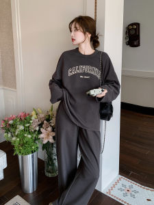 Deep Grey Korean Style Oversize Lazy Sweatshirt Set Womens Spring 2025 New Wide Leg Pants Two Piece Set Fashionable Ensemble