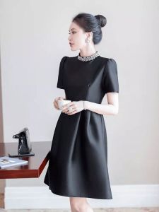 เรียบหรู พลัสไซส์ ผู้หญิง เดรส ฤดูร้อน งานเต้นรำ ชุดเดรสสไตล์เฮปเบิร์นน้อย สีดำ เดรส เอวซับ กระโปรง เวอร์ชั่นเกาหลี โพลีเอสเตอร์ ไฟเบอร์