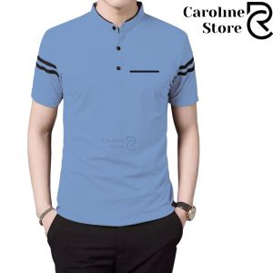 Kaos Pria Kerah Shanghai Saku Dada Lengan Motif Garis - Kaos Polo Pria Korea Kerah Shanghai Kualitas Distro Premium