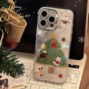 การ์ตูนคริสต์มาสเคสโทรศัพท์พร้อมฟิล์มเลนส์สําหรับiPhone 16e 15 14 13 12 11 Pro Maxความงามเลเซอร์กันกระแทก