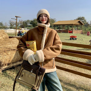 Khaki Lamb Fur Jacket Womens Thickened Short Double-sided Wear Cotton Clothes Integrated Leather And Fur Autumn Winter New Style