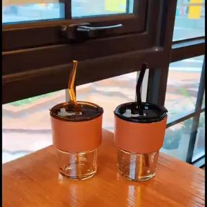 HOMECARE PH. Elegant Glass Coffee Tumbler with Leak-Proof Lid Straw & Leather Sleeve - Durable Drinkware