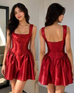 Sherrie (Vietnam Inspired) Satin Silk mini dress with square neckline and flared skirt. Suitable for casual or semi-formal occasions.