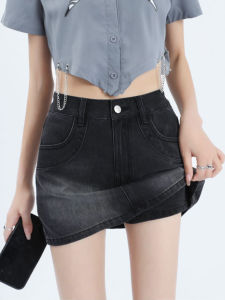 High-Waist American Retro Black Denim Skirt A-Line Cotton Polyester Short Ensemble for Women Size: Petite