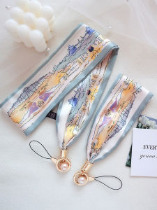 Ice Silk Oil Painting French Style Female Scarf Lanyard Halterneck Hang Rope Wide Version Stylish Mobile Phone Charm Avoid Cutting into the Neck Wrist Short Rope
