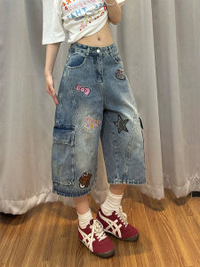 QIANCHANGNAAI | Cute Kitty Cat Embroidered Workwear Denim Shorts Multiple Pockets