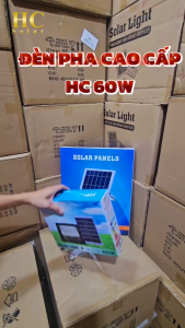 Đèn pha năng lượng mặt trời cao cấp 60W thương hiệu HC SOLAR Vỏ nhôm Tấm pin NLMT rời Ánh sáng trắng Báo pin ngoài
