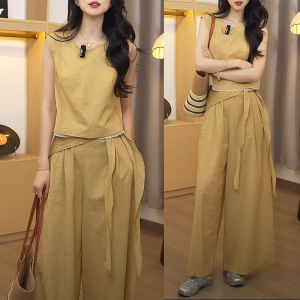 Shalldoer | ชุดสองชิ้นสำหรับผู้หญิงในช่วงฤดูร้อน คอกลม แขนกุด หลวม ระบายอากาศได้ดี กางเกงขายาว ลำลอง สไตล์สบายๆ