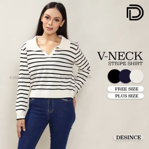 🇲🇾 DESINCE Women Stripe V-Neck Shirt Casual Baju Belang Wanita Kasual WT 059