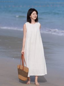 Summer New Linen Sleeveless Vest Dress White Classic Base Layer round Neck Midi Skirt A-Line Gown for Business Casual Wear