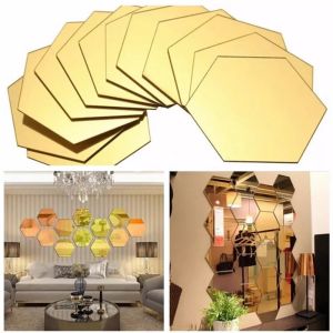 12Pc 3D Hexagon Acrylic Mirror Wall Stickers: Aesthetic DIY Art Home Decor Living Room Decorative Tile Stickers Gold Silver Red