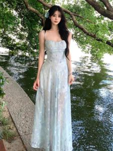 CHANGTONG | ชุดเดรสยาวแขนกุดสไตล์ฝรั่งเศส ชุดวันหยุดชายหาดที่สวยงาม เดรสทรงเอ ผ้าฝ้ายผสมสแปนเด็กซ์ ฤดูร้อน 2024