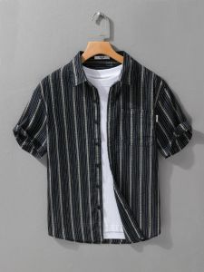 Retro Japanese Style Mens Shirt Summer Thin Short Sleeve Loose Casual Striped Beach Wear Breathable Polyester Fiber Youth Fashion