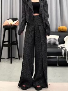 Fall 2024 Womens Heavy Embellished Casual Pants Diamond-Encrusted Floor-Length Trousers Asymmetrical High-Waist Draping Design