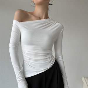 เซ็กซี่ เสื้อยืดแขนยาวไหล่ไม่สมมาตรผู้หญิง Early ฤดูใบไม้ร่วง พรางหุ่น เสื้อฐาน หลากหลาย Ruched Thread Patchwork Work Clothing