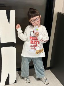 Áo Thun Dài Tay HelloKitty Màu Trắng Cho Bé Gái Áo Thun Cotton Phong Cách Hàn Quốc Thời Trang Cho Trẻ Em Mùa Thu