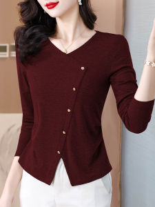 V-Neck Knitted Long Sleeve T-Shirt Womens Autumn New Style Asymmetrical Slimming Base Shirt Commute Style Polyester Fiber
