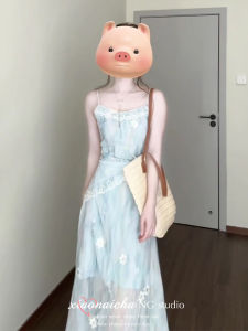 Blue Floral Print Halter Dress Womens Summer New Style French Elegance Waist Cinched Fairy Long Skirt Beach Vacation Style