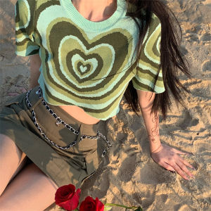 Korean Style Loose Short Sleeve Heart Knit Top Womens croptop Tops tops for women