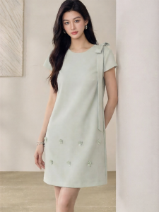 Roey s house | Chic Simple Light Green Dress for Women Summer Sweet and Youthful Bow Short Sleeves Mid-length