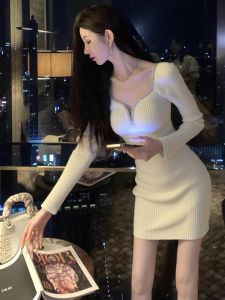 SHANGSHA | Important Occasion French Elegance White Crystal Knit Dress