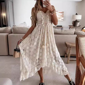 Elegant Lace Strap Floor Length Pure Color Summer New Arrival Womens Dress Princess Style Sleeveless Backless Cotton Gown