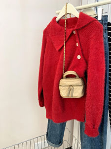 เสื้อสเวตเตอร์คอปกไหมพรมขนกระรอกสีแดงปีมังกร เสื้อผ้าทำงานฤดูหนาวสำหรับผู้หญิง คอลเลกชั่นฤดูใบไม้ผลิ 2025 แขนยาว ปกติ