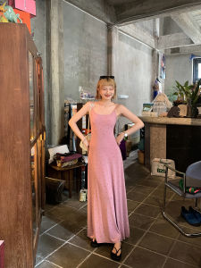 ชุดเดรสยาวผู้หญิงแขนกุดลายดอกไม้สีพื้นถัก ผ้าฝ้ายผสมโพลีเอสเตอร์และไนลอน กระโปรงทรงเอเอวสูง