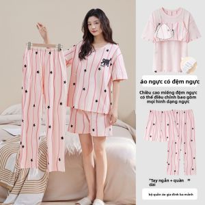 Bộ đồ ngủ nữ MiiOW bằng cotton mỏng tay ngắn có đệm ngực