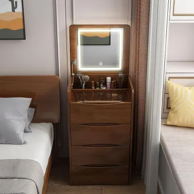 Multifunctional Solid Wood Vanity Bedside Cabinet With Mirror and 4 Drawers
