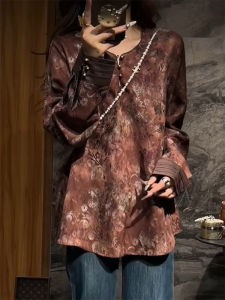 QINGNAER | Stylish Loose Fitting Big Size Womens Shirt Autumn Floral Cloth Buttons Long Sleeve