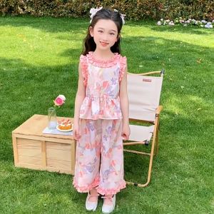 สาวดอกไม้บางชุดเด็กแฟชั่นฤดูร้อนสไตล์ใหม่เด็กฤดูร้อนเสื้อกั๊กขากว้างกางเกงสองชิ้น