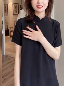 plus Size Summer French Hepburn Dress Vintage Cheongsam Mid-Length A-Line Skirt Short Sleeve Stand Collar Commute Korean Style