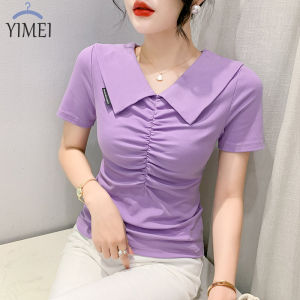 YIMEI เสื้อผู้หญิงคอวีจับจีบสำหรับฤดูร้อนแฟชั่นของผู้หญิงดีไซน์ใหม่เสื้อยืดผ้าฝ้ายแขนสั้นอเนกประสงค์สีทึบเรียบง่าย