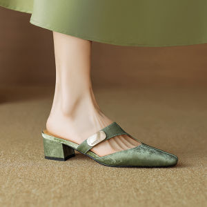 New Chinese Style Womens Mules Summer Outdoor Wear Genuine Leather Head Cover Slippers mid Heel Casual Comfortable Shoes
