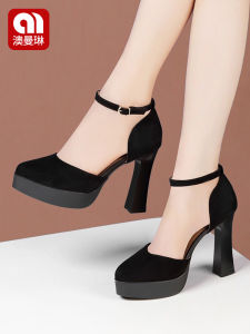 รองเท้าส้นสูงแบบสวมสำหรับผู้หญิง ทรงหัวมน ด้านหน้าเปิด วัสดุหนังแท้ ทรงหัวมน ส้นสูงสำหรับเดินแบบ ทรงหัวมน