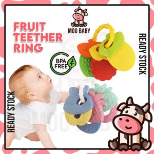 Moo Baby Fruit Teether Set 3pcs Silicone Baby Teether with Ring Holder for Newborns Infants