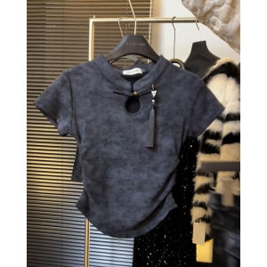 New Chinese Style Button up Top Women Summer Short Sleeve T-Shirt Inner Wear Base Shirt Gradient Pattern Creative Design