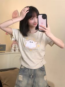 Áo Thun Nữ Tay Ngắn Thêu Họa Tiết Hoạt Hình Dễ Thương Áo Ngắn Chất Liệu Cotton Mùa Hè Dáng Ôm Vừa Vặn Cổ Tròn