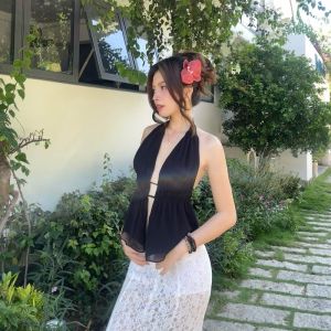 เสื้อกั๊กสายเดี่ยวเซ็กซี่สำหรับผู้หญิง ทรงเข้ารูป ดีไซน์เปิดหลัง ผ้าฝ้ายผสมโพลีเอสเตอร์ ฤดูร้อน 2025 เสื้อกั๊กคอวี