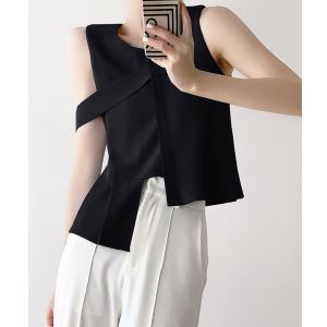 Áo Ba Lỗ Không Tay Màu Đen Thiết Kế Bất Đối Xứng Thời Trang Mùa Hè Áo Ba Lỗ Hở Lưng Mặc Ngoài Thường Ngày Bằng Polyester