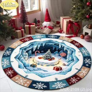 VIKAMA Creative Christmas Round Rug—Machine-Washable Non-Slip Living Room Rug and Bedroom Bedside Rug Home Decor